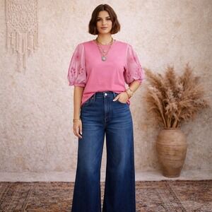 Fate Pink Puff Sleeve Eyelet Embroidered Mixed Media Top French Terry Small NEW